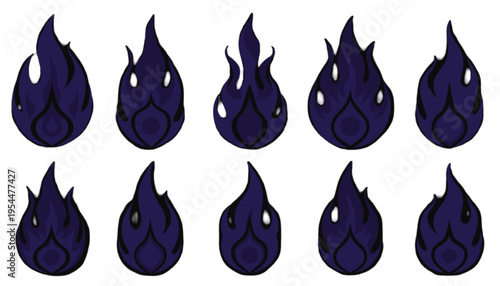 Ten distinct dark purple flame icons display various shapes and intensities against a white background.