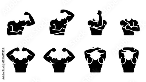 Black silhouettes depicting various muscular poses and gestures with arms