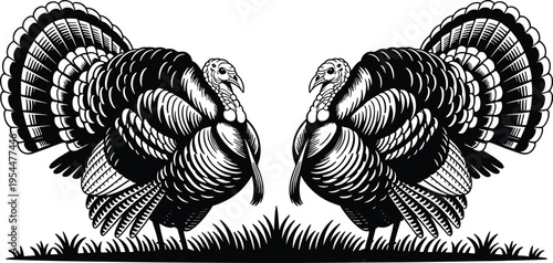 Symmetrical turkey silhouette vector illustration, black and white detailed wild bird design, mirrored thanksgiving turkey graphic for farm branding, logo, packaging, decoration, and festive artwork