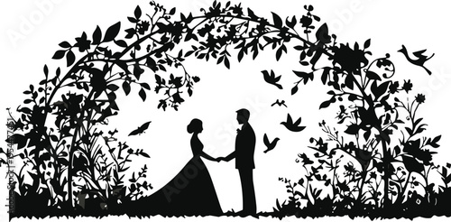 Romantic wedding couple silhouette holding hands under floral garden arch with birds nature frame love engagement illustration elegant botanical wreath background vector style