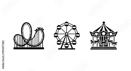 Amusement park rides including a rollercoaster ferris wheel and carousel silhouette