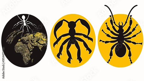 Trio of stylized ant illustrations in black and white/gold, set against round backgrounds
