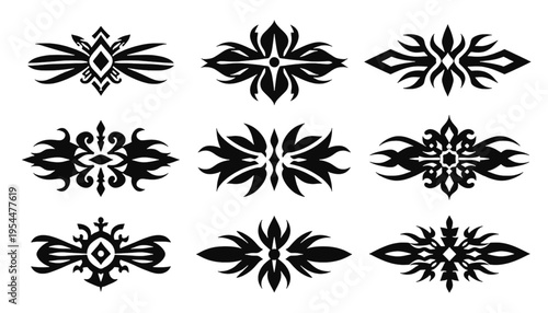 Nine elaborate black ornamental dividers feature symmetrical baroque patterns suitable for page separation.