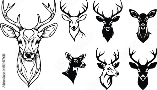 Set of deer head vector illustrations with antlers, minimalist black line wildlife logos, stag mascot icons, hunting emblem collection isolated on white background