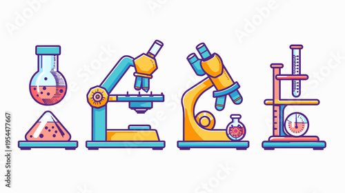 Colorful cartoon-style illustration of science laboratory equipment on a white backdrop