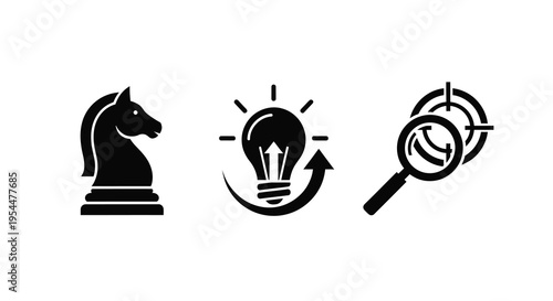 Chess horse lightbulb and magnifying glass as black silhouettes