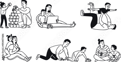 Set of parenting moments line illustrations showing fathers and mothers playing, learning, and bonding with children through everyday activities, education, and early childhood development