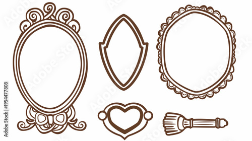 Illustration of ornamental brown frames, a heart, and a broom on a white background