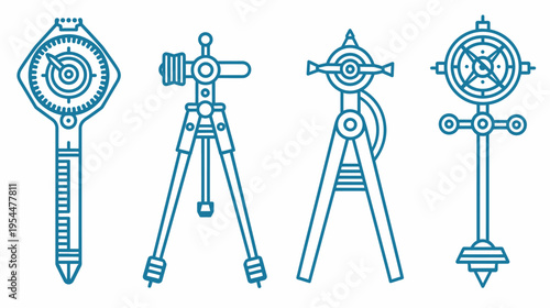 Teal line art illustration of antique surveying instruments isolated on white background