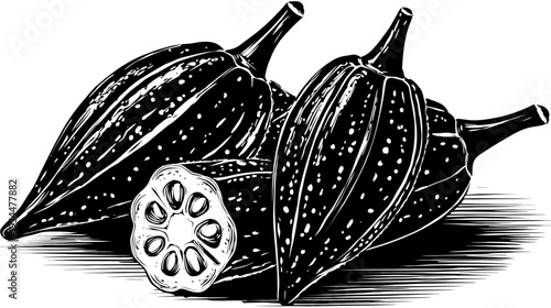 Illustrated group of okra pods, one sliced, in black and white with crosshatch shadows