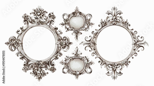 Ornate antique frames in sepia tones, adorned with scrolls and floral details on white