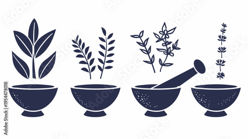 Four bowls filled with plants, a mortar and pestle illustration in navy