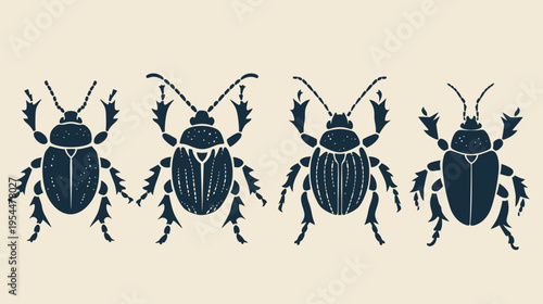 Dark blue beetle illustrations on light background, rough, textured style