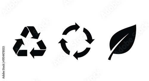 Recycling symbol leaf and circular arrows in black silhouette