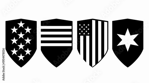 Four stylized black shields with white star, stripes, starburst designs on white background