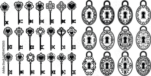 PrintSilhouette vintage keys and padlocks, ornate decorative illustration, antique security concept, mystery unlocking art design