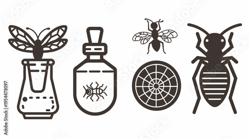 Graphic of pest control elements featuring insects, target and liquid traps in solid outline
