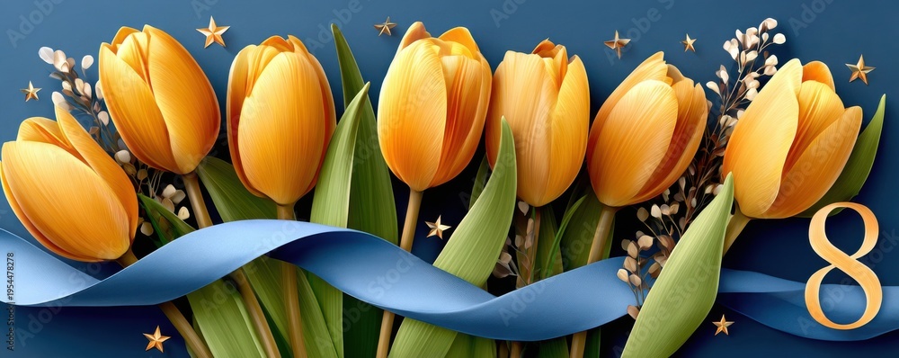 Fototapeta premium Yellow tulips with blue ribbon and golden stars forming the number 8 for Women's Day celebration