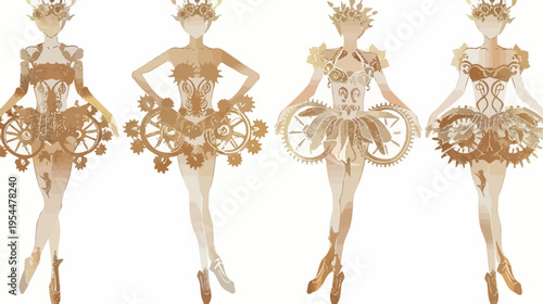 Four figures in steampunk ballet costumes, rendered in watercolor style, neutral palette