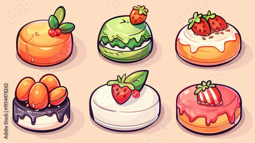 Six small, cartoonish cakes, each with different toppings and colorful icing and filling