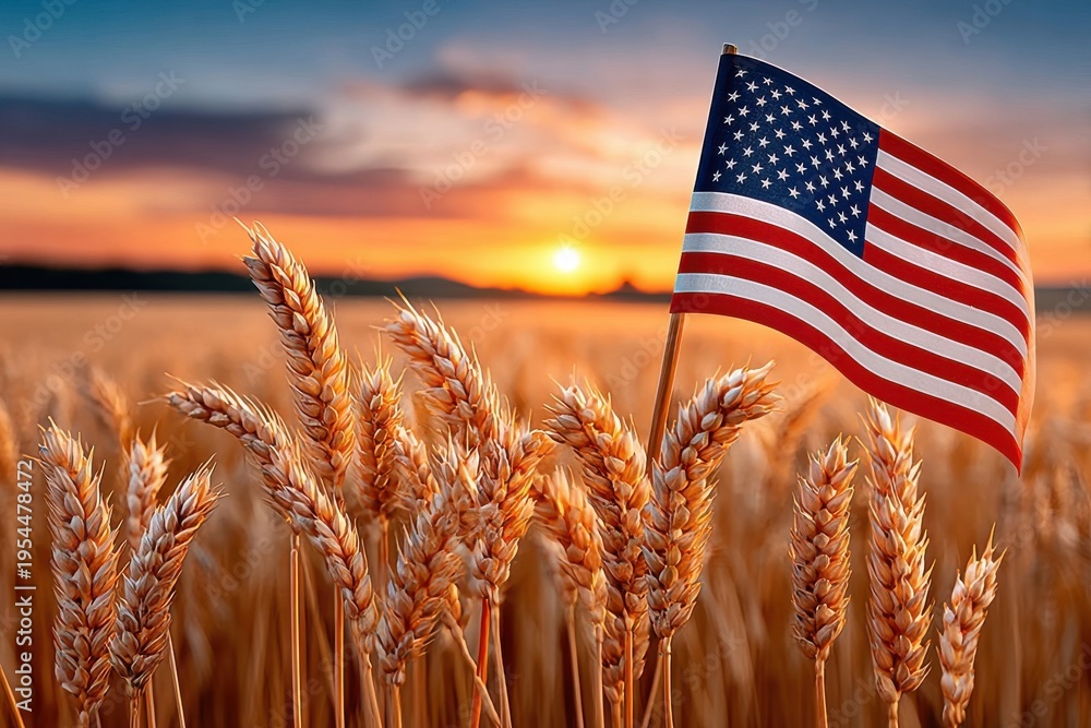 Fototapeta premium American flag waving over a golden wheat field at sunrise conveying patriotism and harvest spirit
