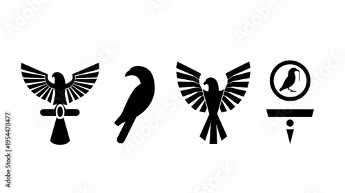 Four bird-like symbolic shapes in black on white background, each a different style & form