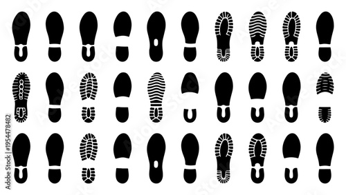 A collection of various black shoe prints and sole patterns displayed together