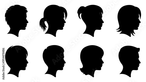 Silhouettes of diverse heads and hairstyles in a row