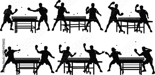 PrintTable tennis player silhouettes set, ping pong match action, professional athletes competition, indoor sports vector.