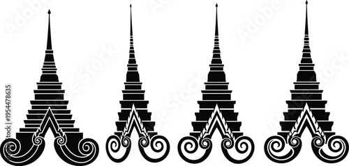 PrintThai temple silhouette set, traditional pagoda spire patterns, cultural architecture design, ornamental vector illustration collection