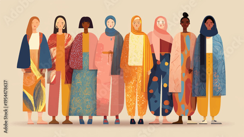 Vector illustration of diverse women in colorful traditional clothing