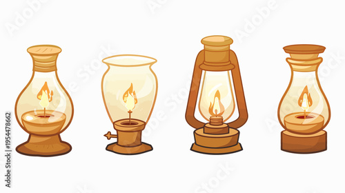 Four cartoon-style oil lamps with glowing flames, featuring a rustic, vintage aesthetic