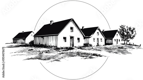 Graphic ink illustration of five farmhouses and a tree enclosed by a circle