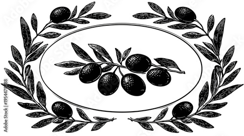 Stylized olive branch illustration in an oval frame, black ink on white background