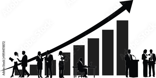 Business growth concept with rising graph and professional people silhouettes, 
