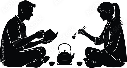 PrintTraditional tea ceremony silhouette, two people sharing tea ritual, cultural harmony, calm meditation, Asian lifestyle illustration