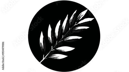 Black circle contains a white line drawing of a leafy branch on a bright white background