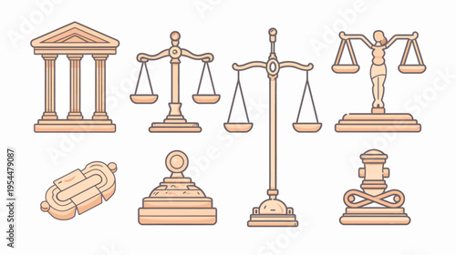 Law symbols illustration building, scales, gavel, and seal, in a lined cartoon style