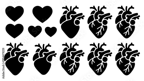 Black silhouettes of hearts and anatomical hearts arranged in a grid pattern