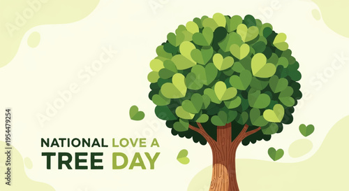 Tree with heart shaped leaves on national love a tree day with green background