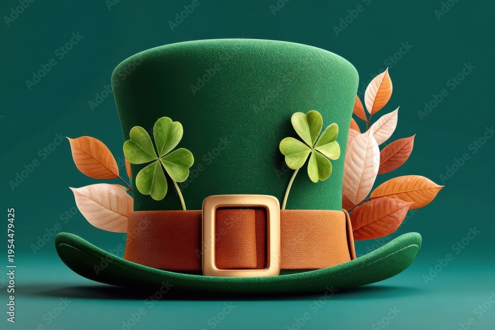 Fototapeta premium Green leprechaun hat with four-leaf clover and autumn leaves symbolizing luck and St. Patrick's Day celebration