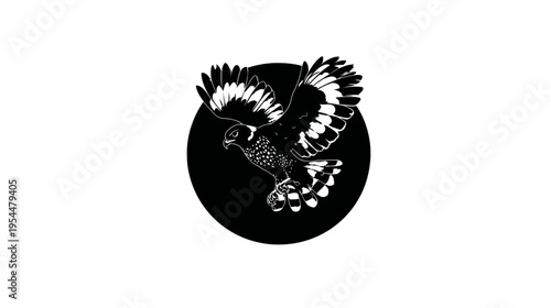 Silhouette of a bird of prey mid-flight against a dark circle on a white background