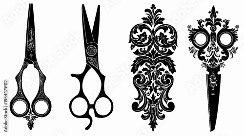 Four vintage-styled objects in black and white, including scissors and floral designs