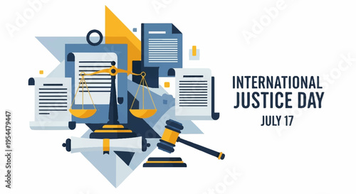 International justice day graphic design with gavel and documents july 17th awareness campaign