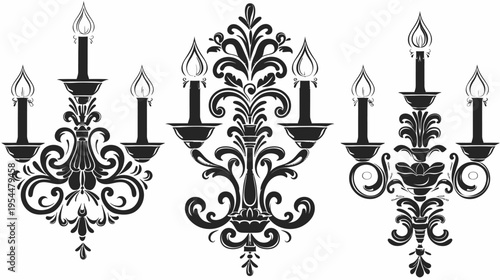 Three vintage style wall sconces with candles and elaborate black scrollwork details