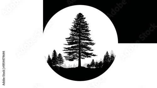 Black silhouette of trees in a forest on white background, enclosed in an oval