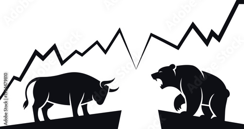 Bull and bear market silhouette with rising stock chart arrow, representing financial growth, volatility, trading trends, investment strategy, economic analysis and market competition concept