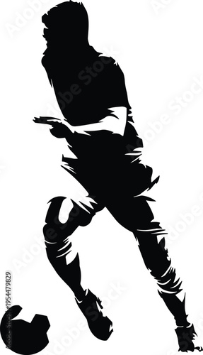 Soccer player silhouette dribbling ball in action pose, football athlete sport illustration, dynamic footballer movement, black vector design isolated on white background