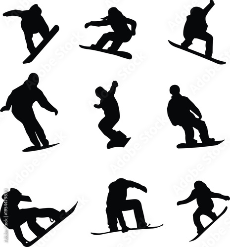 Snowboarder silhouette collection with different freestyle jump poses, winter sport athlete action set for snowboarding, extreme sports design, adventure lifestyle illustration