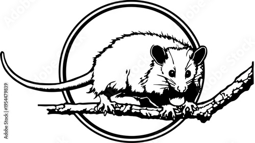Stylized opossum on branch, enclosed in a circle, in black and white outline style